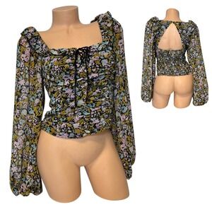 Free People Women Size XS Floral Print Ruffle Square Neck Long Sleeve Blouse Top